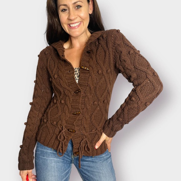 Y2K Kenji Brown Cardigan Sweater with‎ Hood - Picture 3 of 9